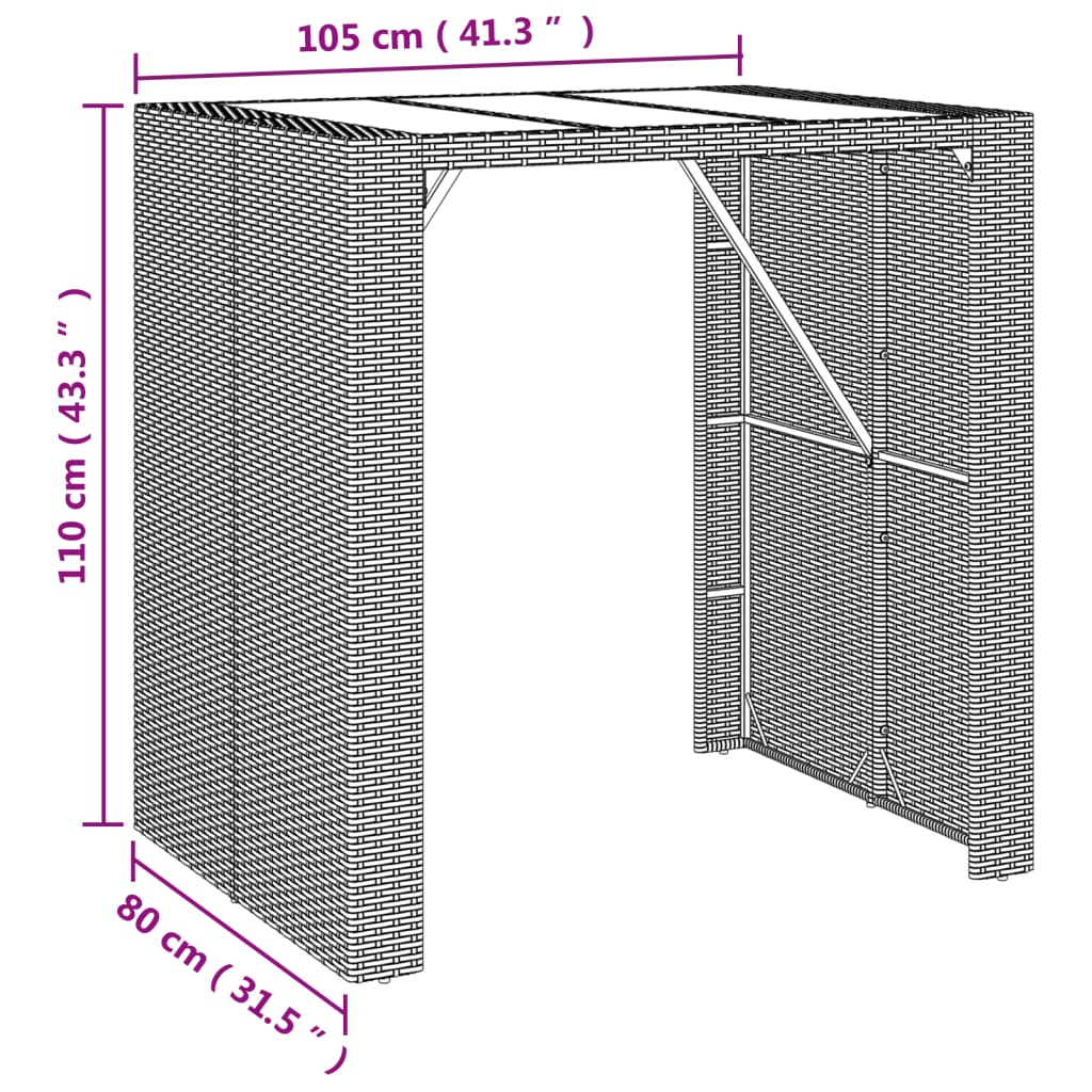 Bartisch mit Glasplatte Braun 105x80x110 cm Poly Rattan - Pazzar.ch