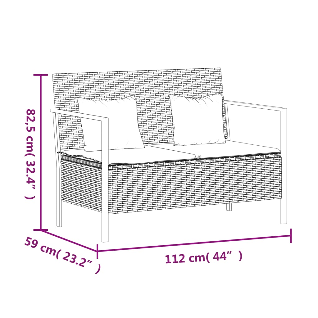 Gartenbank 2-Sitzer mit Kissen Schwarz Poly Rattan - Pazzar.ch