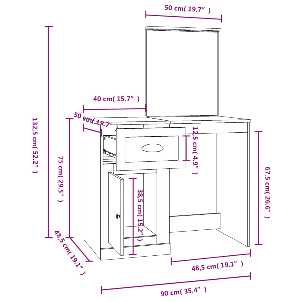Schminktisch mit Spiegel Sonoma-Eiche 90x50x132,5 cm - Pazzar.ch