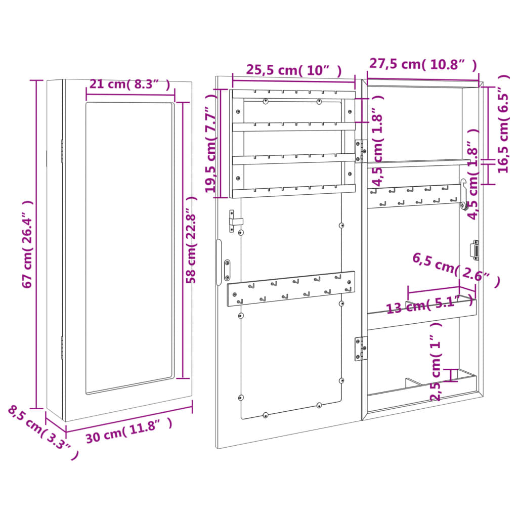Schmuckschrank mit Spiegel Wandmontage Weiß 30x8,5x67 cm - Pazzar.ch