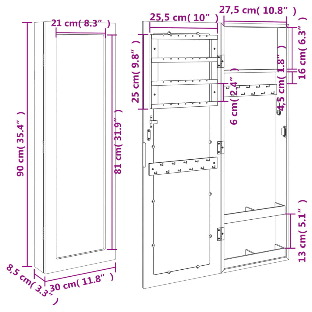 Schmuckschrank mit Spiegel Wandmontage Schwarz 30x8,5x90 cm - Pazzar.ch