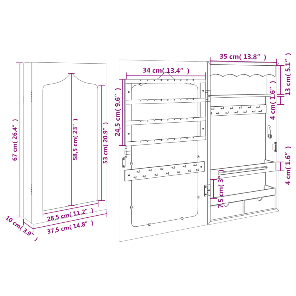 Schmuckschrank mit Spiegel Wandmontage Weiß 37,5x10x67 cm - Pazzar.ch
