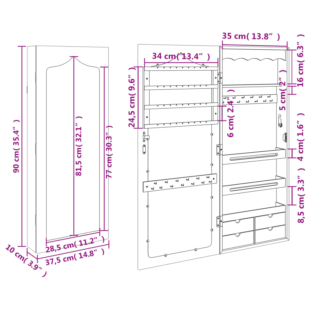 Schmuckschrank mit Spiegel Wandmontage Weiß 37,5x10x90 cm - Pazzar.ch