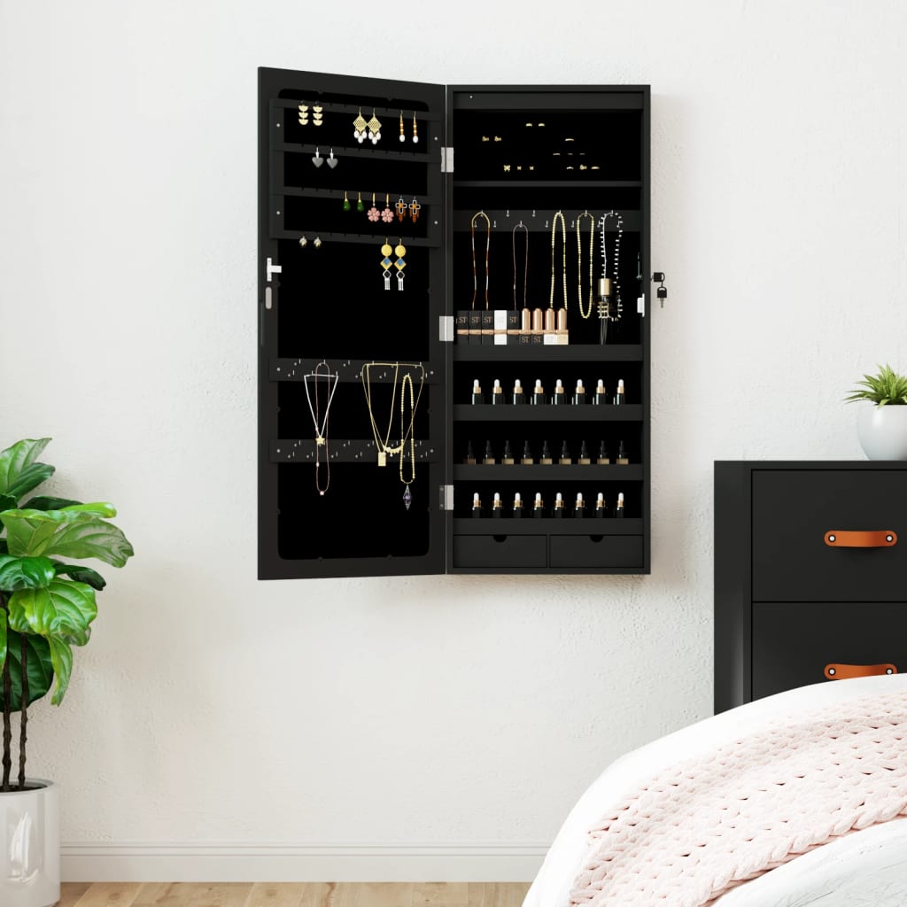 Spiegel-Schmuckschrank mit LED-Beleuchtung Wandmontage Schwarz - Pazzar.ch