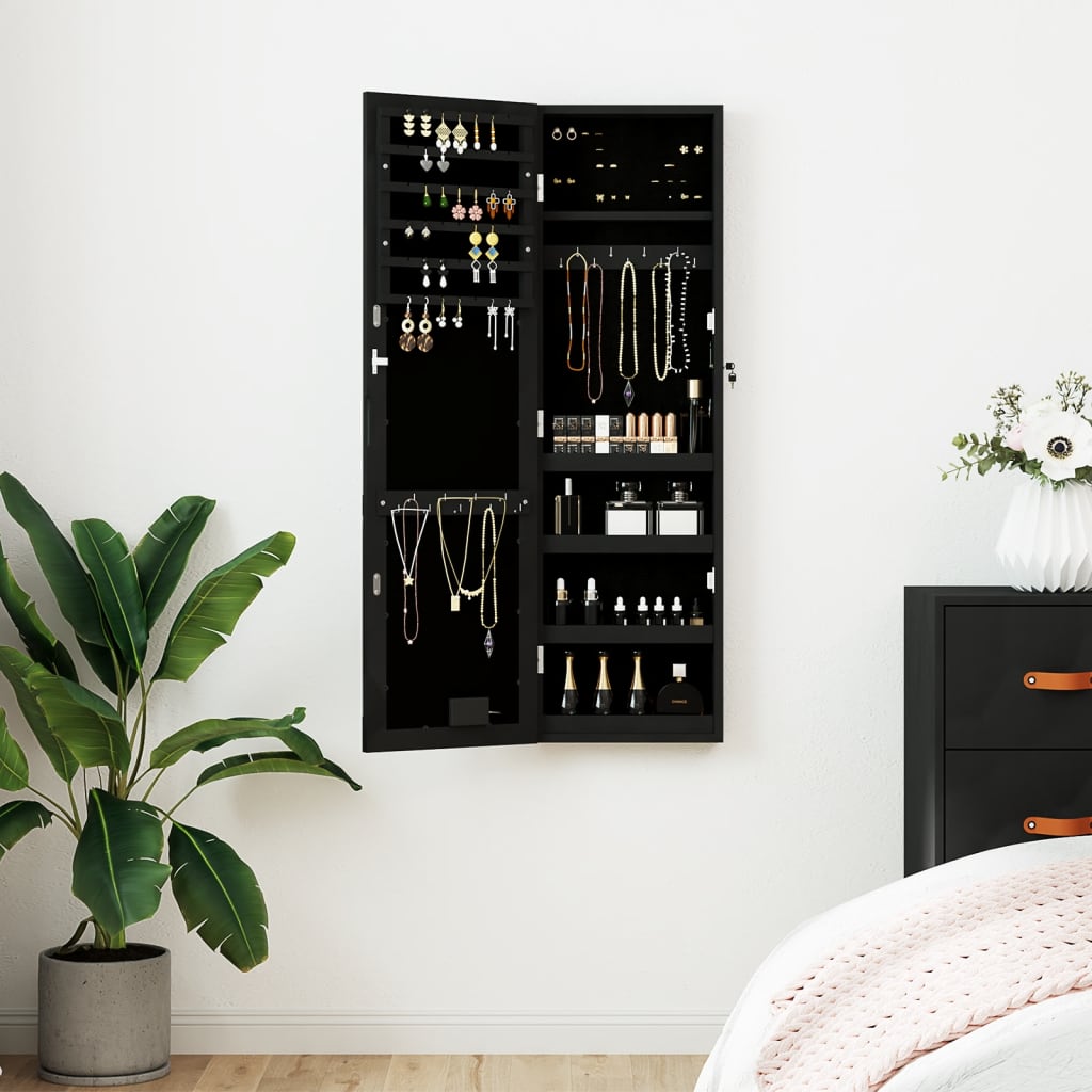 Spiegel-Schmuckschrank mit LED-Beleuchtung Wandmontage Schwarz - Pazzar.ch