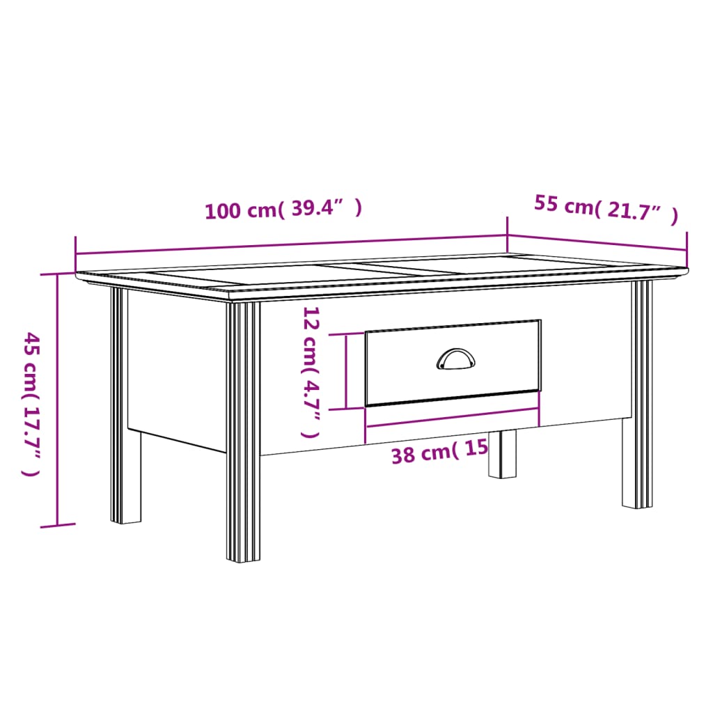 Couchtisch BODO Grau 100x55x45 cm Massivholz Kiefer - Pazzar.ch