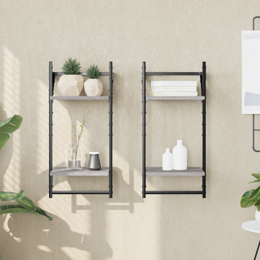 Wandregale mit 2 Ablagen & Stangen 2 Stk Grau Sonoma 30x25x65cm - Pazzar.ch