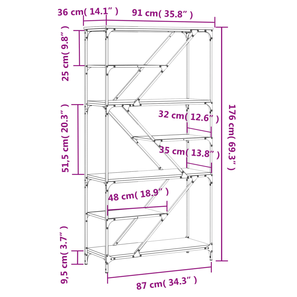 Bücherregal Grau Sonoma 91x36x176 cm Holzwerkstoff und Stahl - Pazzar.ch