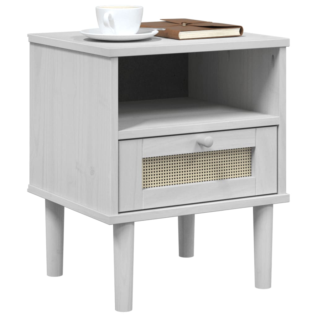 Nachttisch SENJA Rattan-Look Weiß 40x35x48 cm Massivholz Kiefer - Pazzar.ch