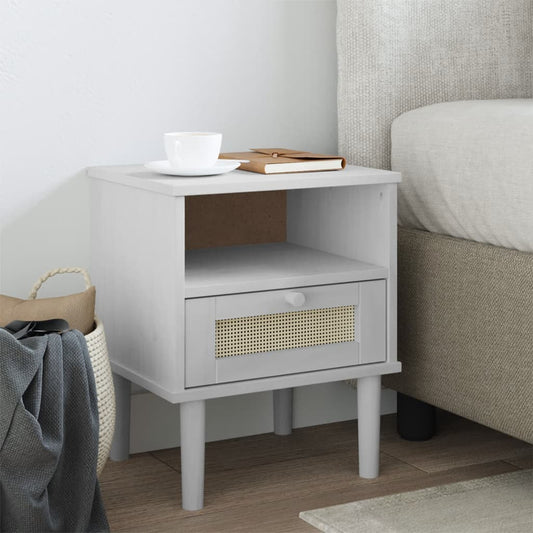 Nachttisch SENJA Rattan-Look Weiß 40x35x48 cm Massivholz Kiefer - Pazzar.ch