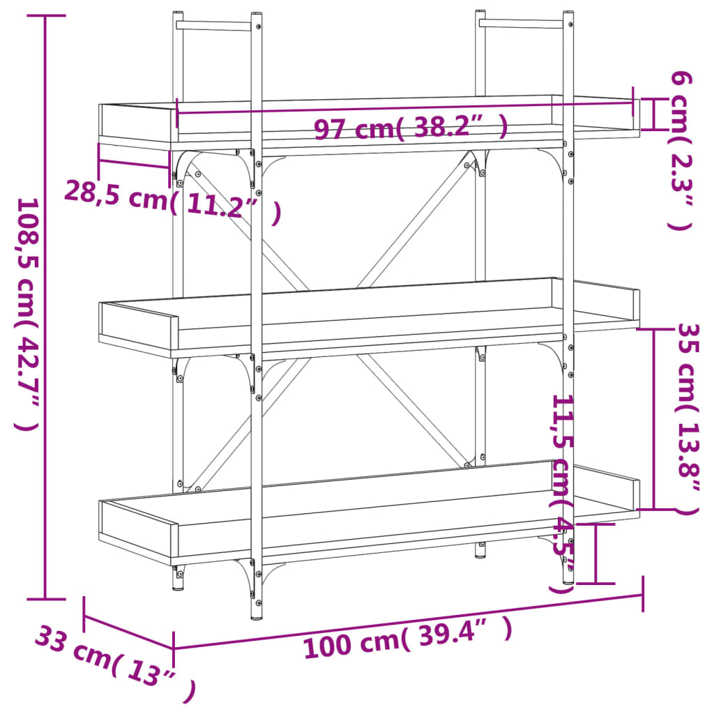 Bücherregal 3 Böden Grau Sonoma 100x33x108,5 cm Holzwerkstoff - Pazzar.ch