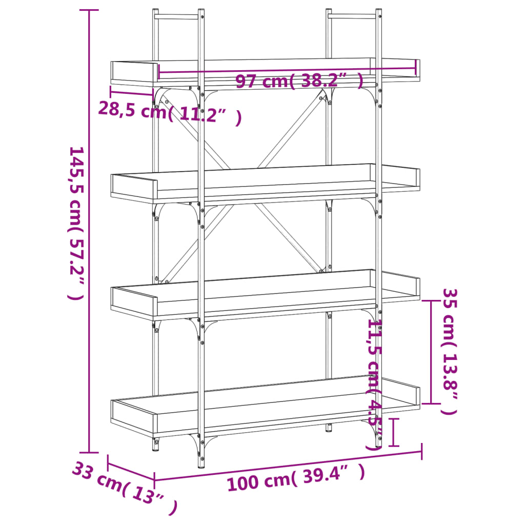 Bücherregal 4 Böden Grau Sonoma 100x33x145,5 cm Holzwerkstoff - Pazzar.ch