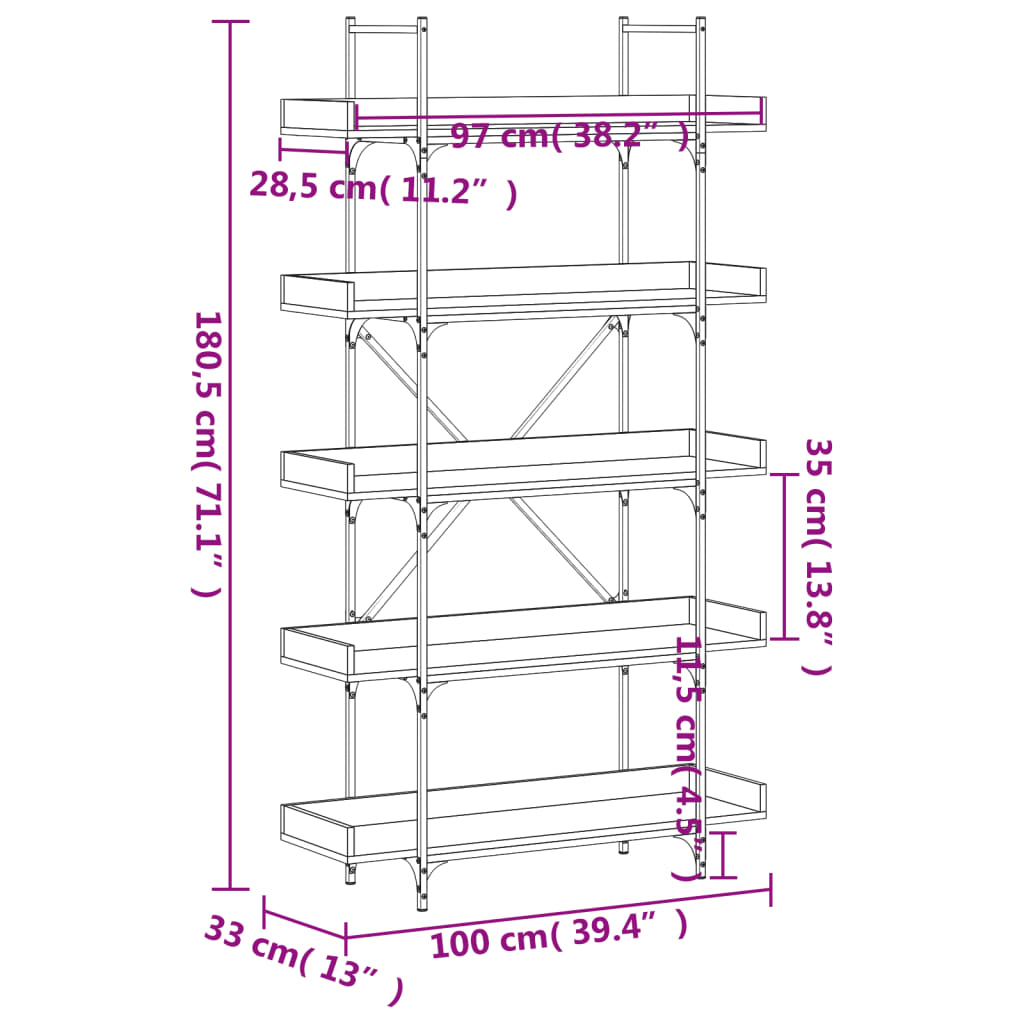 Bücherregal 5 Böden Grau Sonoma 100x33x180,5 cm Holzwerkstoff - Pazzar.ch