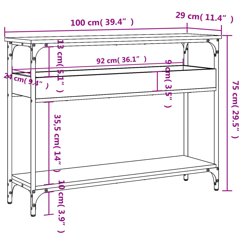 Konsolentisch mit Ablage Grau Sonoma 100x29x75cm Holzwerkstoff - Pazzar.ch
