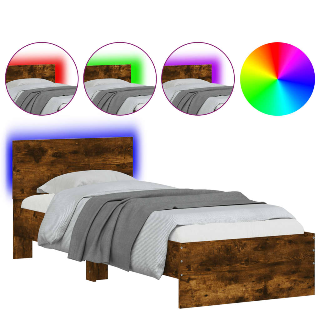 Bettgestell mit Kopfteil und LED-Leuchten Räuchereiche 90x200cm - Pazzar.ch