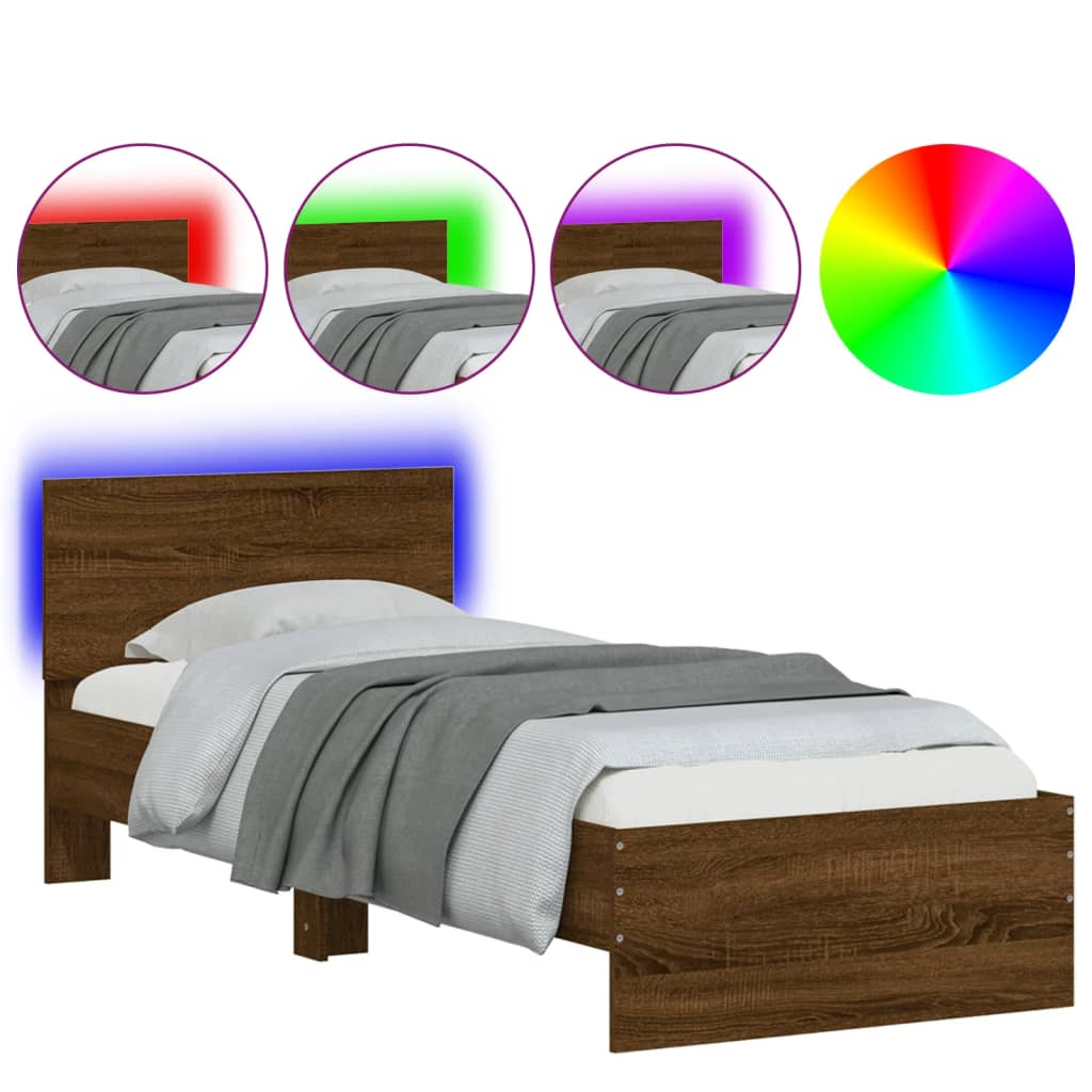 Bettgestell mit Kopfteil und LED-Leuchten Braun Eiche 90x200 cm - Pazzar.ch