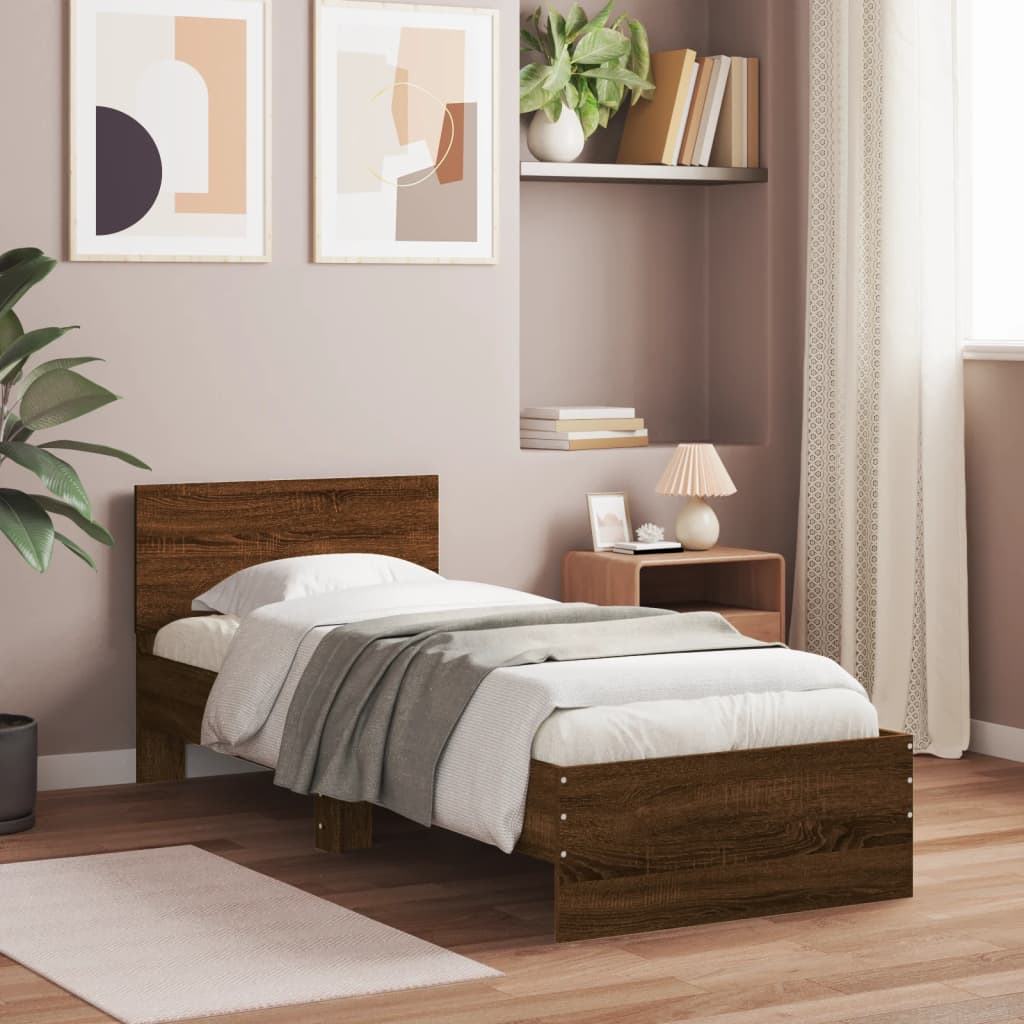 Bettgestell mit Kopfteil und LED-Leuchten Braun Eiche 90x200 cm - Pazzar.ch