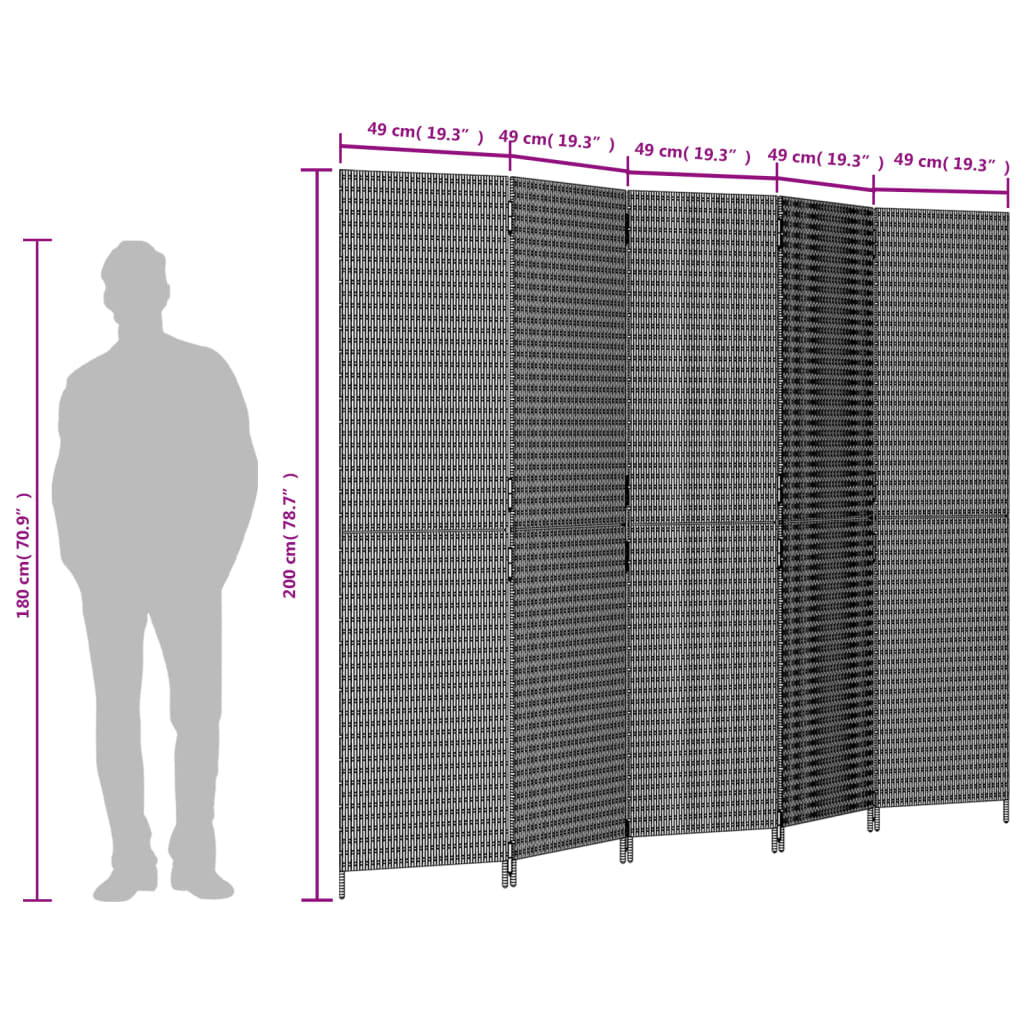 Paravent 5-tlg. Grau Poly Rattan - Pazzar.ch